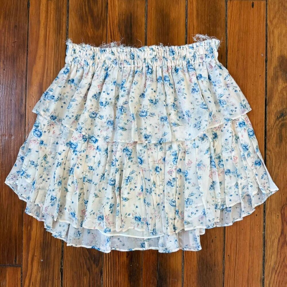 LoveShackFancy white and blue floral elastic waist skirt - S